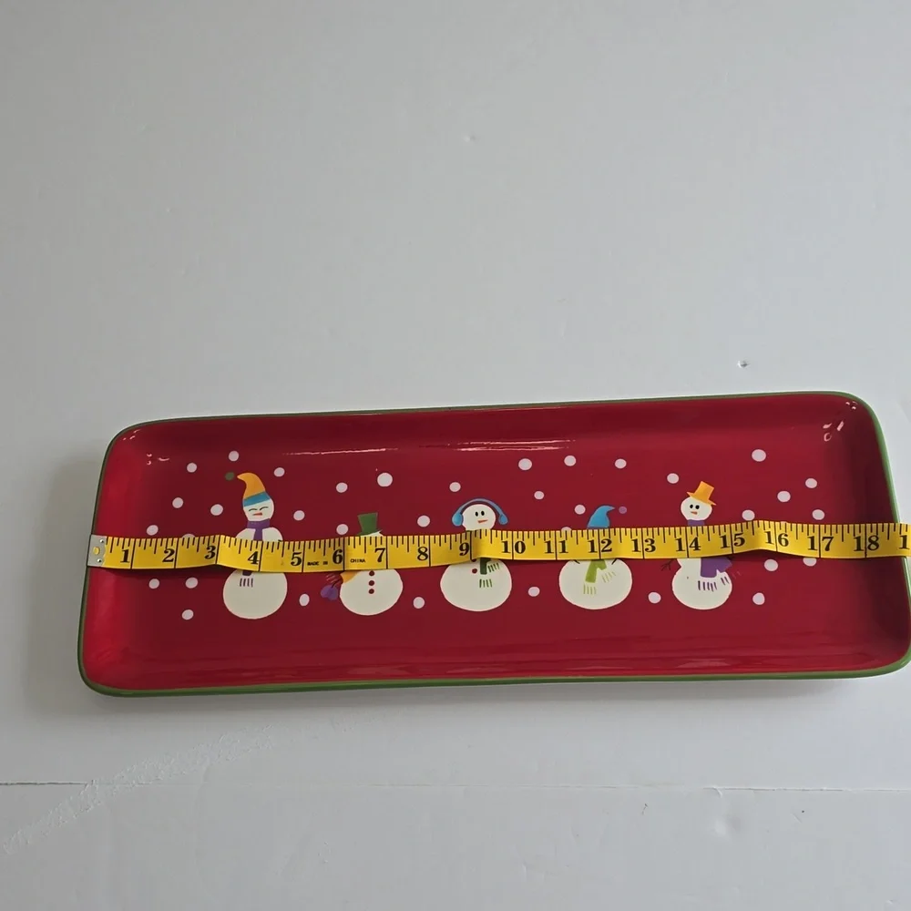 Pier 1 Retired Snowman Family Serving Platter Handpainted Dolomite Red 18.5